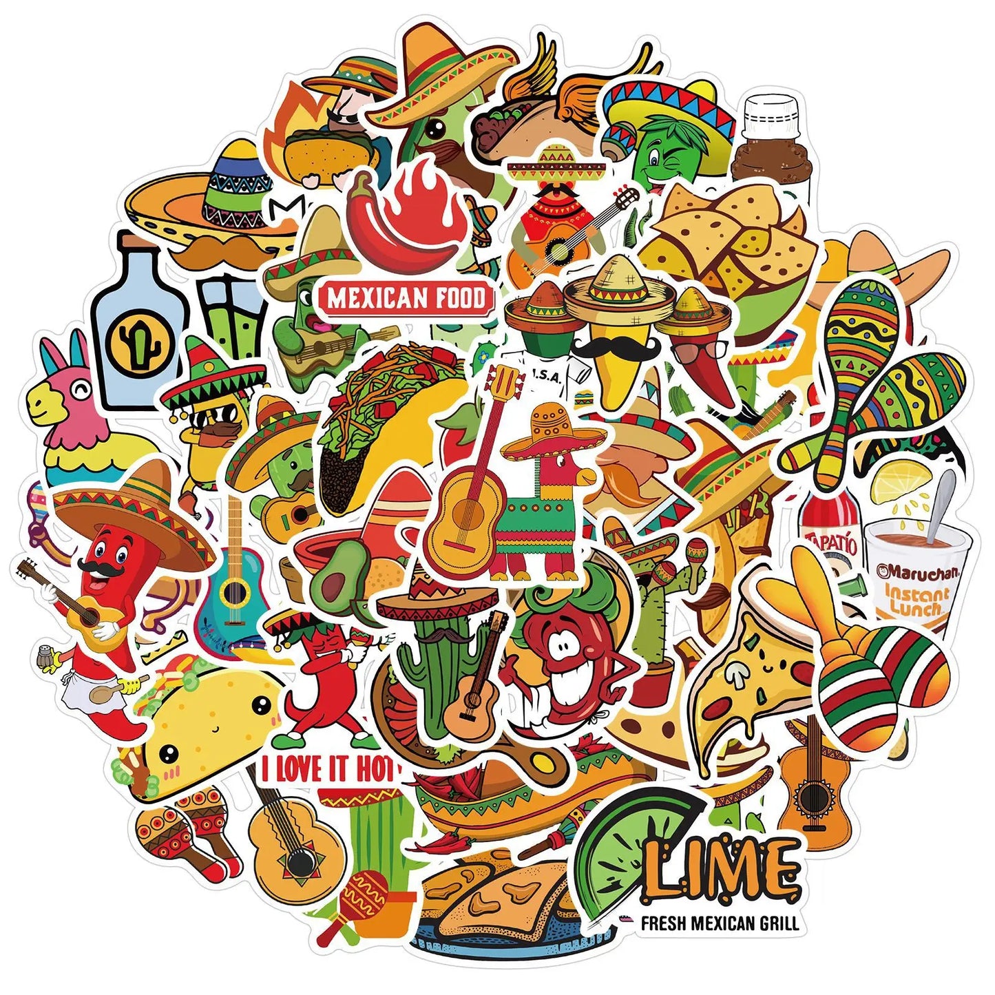 50PCS Mexican Style Food Graffiti Waterproof Sticker Suitcase Notebook Mobile Phone Refrigerator Water Cup Helmet
