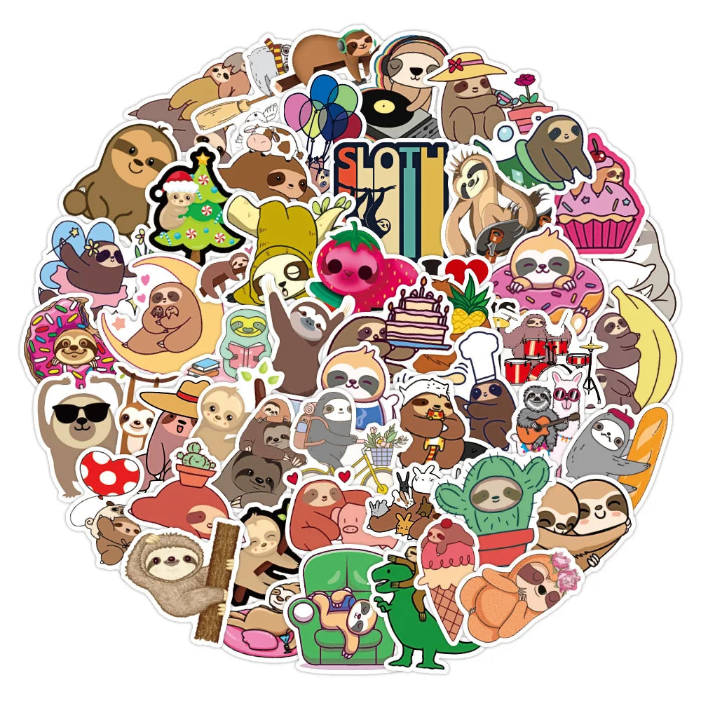 50PCS Cute New Small Animal Sloth Graffiti Stickers Waterproof Notebook Scooter Trolley Case Decorative Stickers