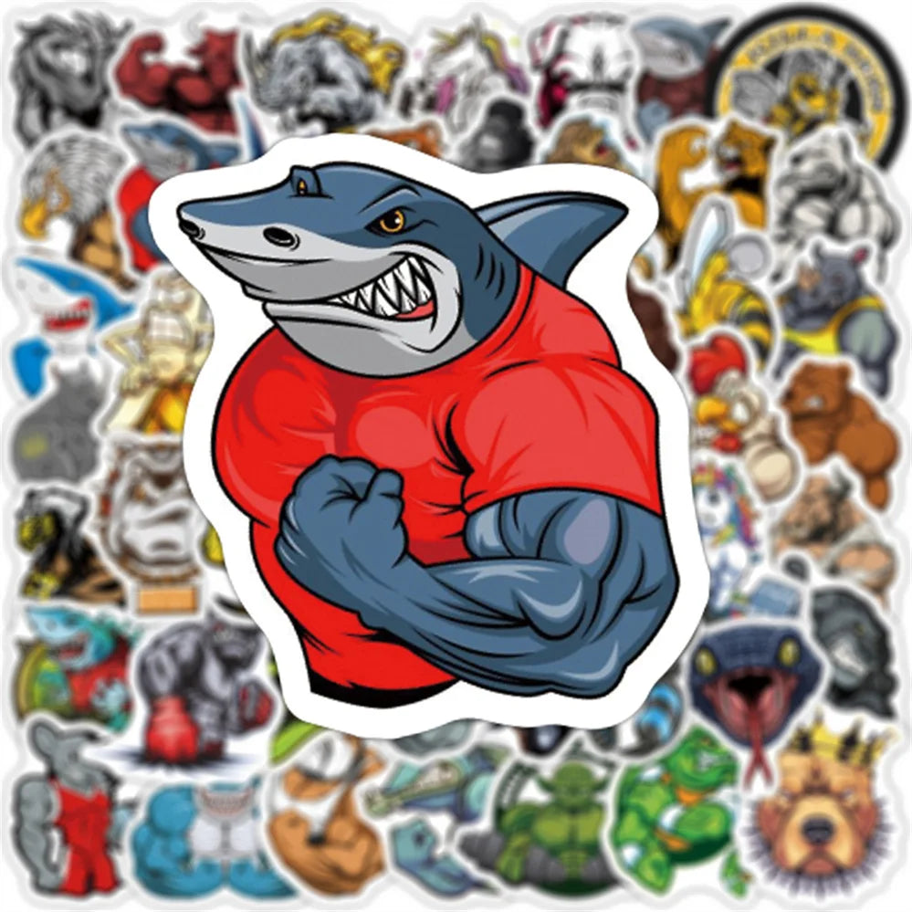 50PCS cartoon fierce muscle animal decorative style graffiti stickers, personalized, fashionable and creative trend DIY exquisite decorative decal cups, helmets, skateboard popular sticker toys