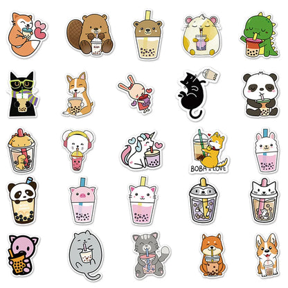 50PCS Cute Cartoon Animal Milk Tea Personalized Decorative Sticker Scooter Motorcycle Luggage Car Sticker