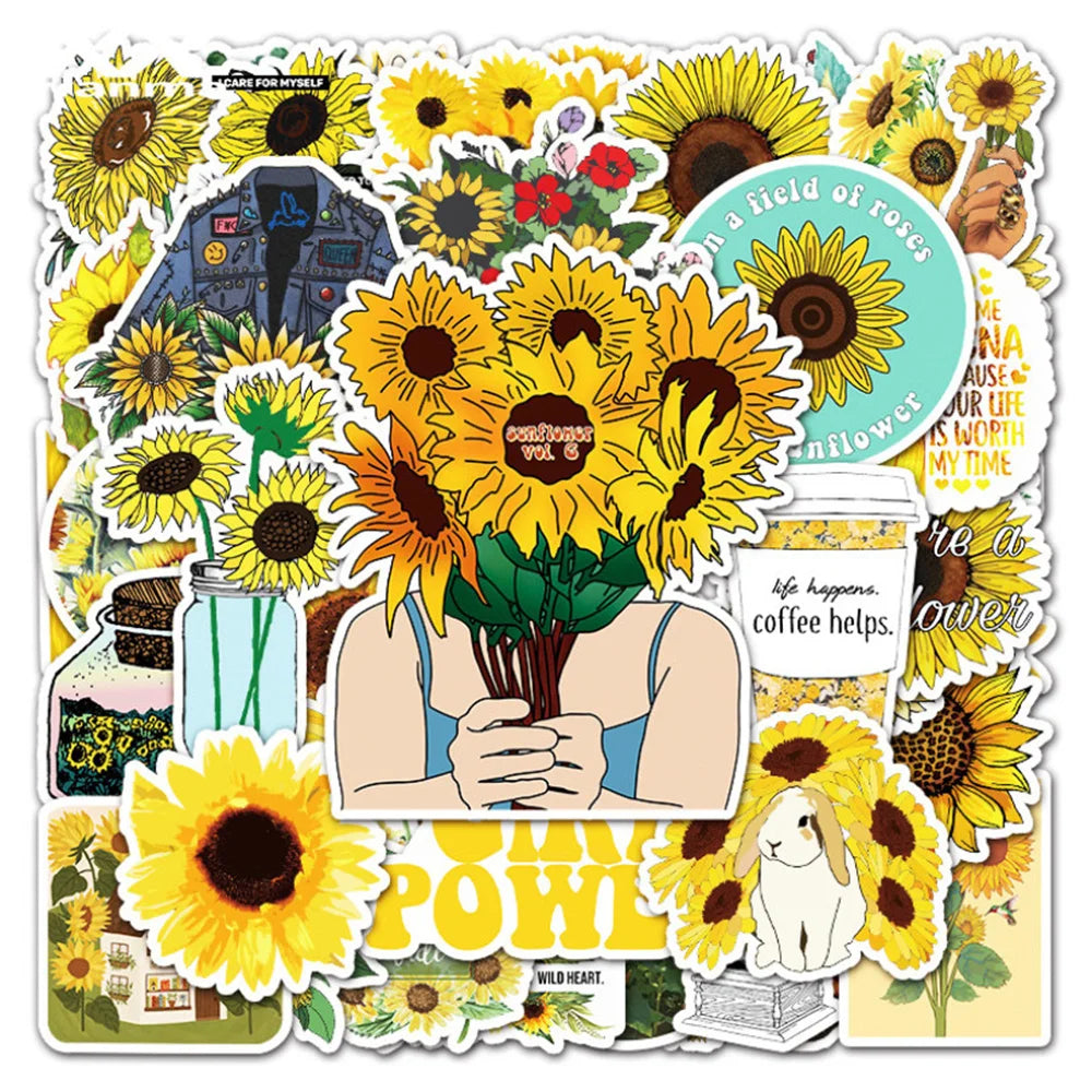 50 pieces of cartoon color sunflower graffiti stickers, personalized trolley, notebook, planner, decorative waterproof sticker toys
