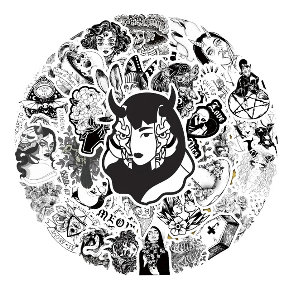 50PCS cartoon animation black and white Gothic style skull decorative style graffiti stickers, personalized, fashionable and creative trend DIY exquisite decorative decal cups, helmets, skateboard popular sticker toys
