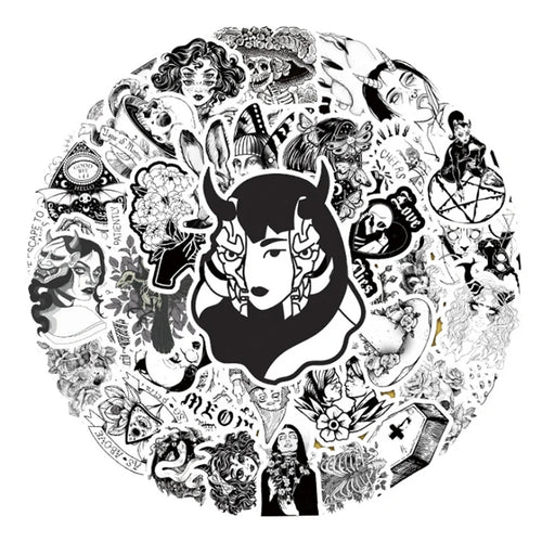50PCS cartoon animation black and white Gothic style skull decorative style graffiti stickers, personalized, fashionable and creative trend DIY exquisite decorative decal cups, helmets, skateboard popular sticker toys