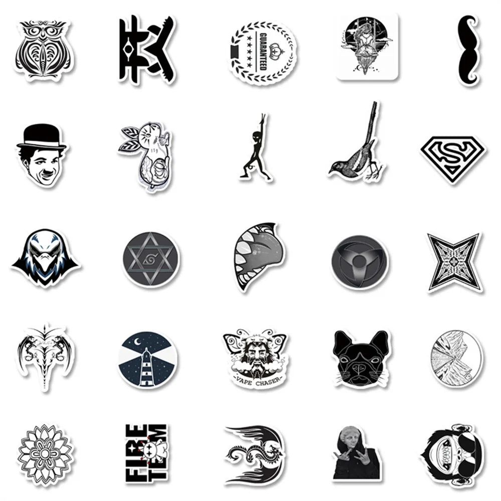 50 pieces of cartoon black and white character graffiti stickers, personalized DIY diary, suitcase, car, skateboard, phone case decoration, waterproof sticker toys