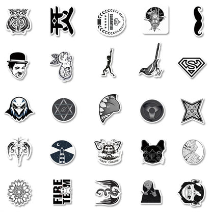 50 pieces of cartoon black and white character graffiti stickers, personalized DIY diary, suitcase, car, skateboard, phone case decoration, waterproof sticker toys