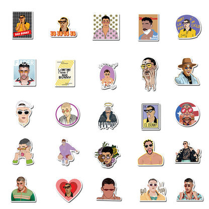 50PCS Bad Bunny Puerto Rico Inspired Stickers - Latin Trap & Reggaetón Icon Doodle Decals for Music Festival Logs, Concert Memory Journals, Latinx Pride Projects & Urbano Culture Art Collages