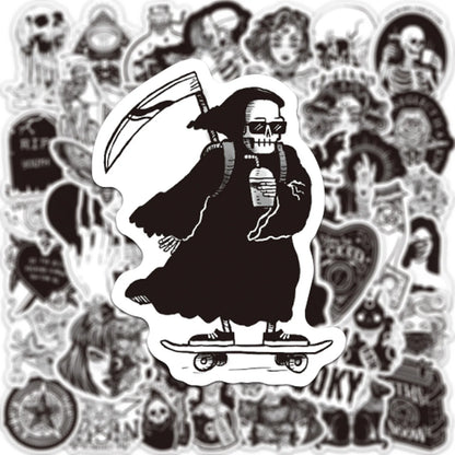 50PCS New Black and White Gothic Cool Skeleton Graffiti Waterproof Sticker Suitcase Notebook RefrigeratorWaterCup