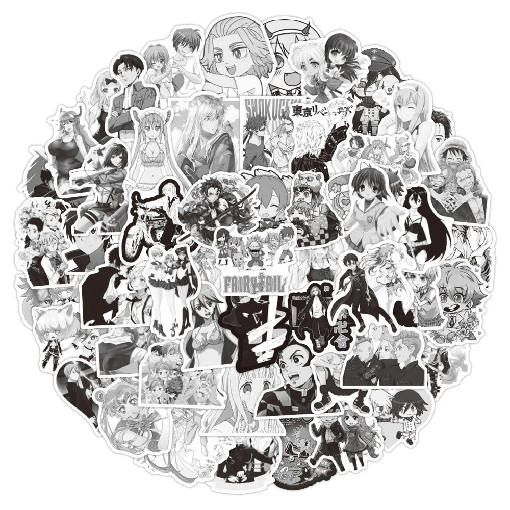 50PCS New Black and White Anime Graffiti Stickers Waterproof Luggage Laptop Scooter Water Cup Stickers