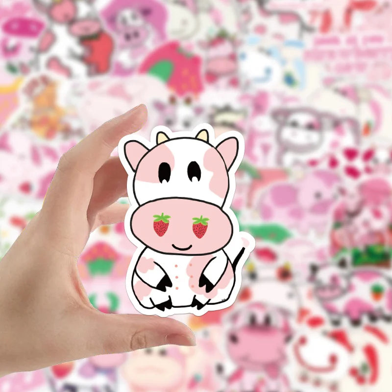 50PCS   Cute Strawberry Milk Cow Graffiti Sticker Mobile Phone Suitcase Guitar Refrigerator Computer Sticker