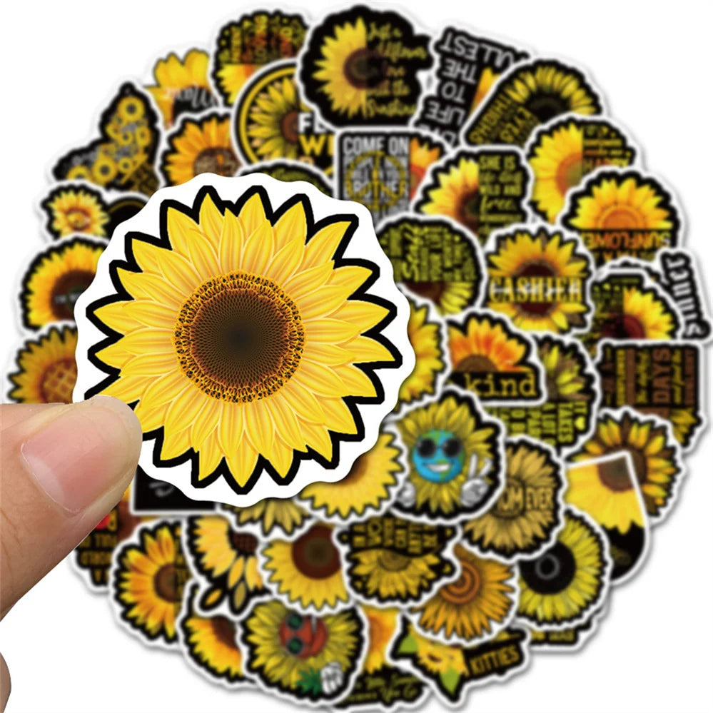 50PCS cartoon black sunflower decorative style graffiti stickers, personalized, fashionable and creative trend DIY exquisite decorative decal cups, helmets, skateboards, popular sticker toys
