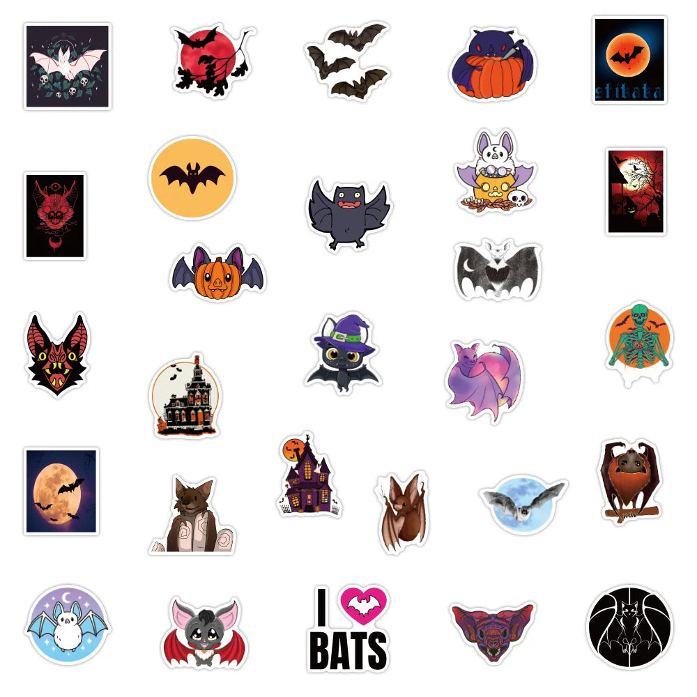 50PCS New Halloween Bat Graffiti Sticker Waterproof Luggage Laptop Scooter Water Cup Sticker