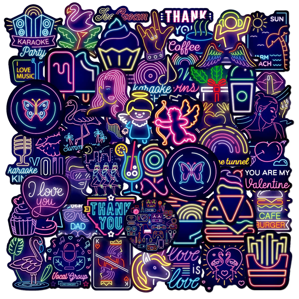 50PCS Cartoon Creative Neon Graffiti Stickers Laptop Scooter Suitcase Waterproof Guitar Decoration Toys