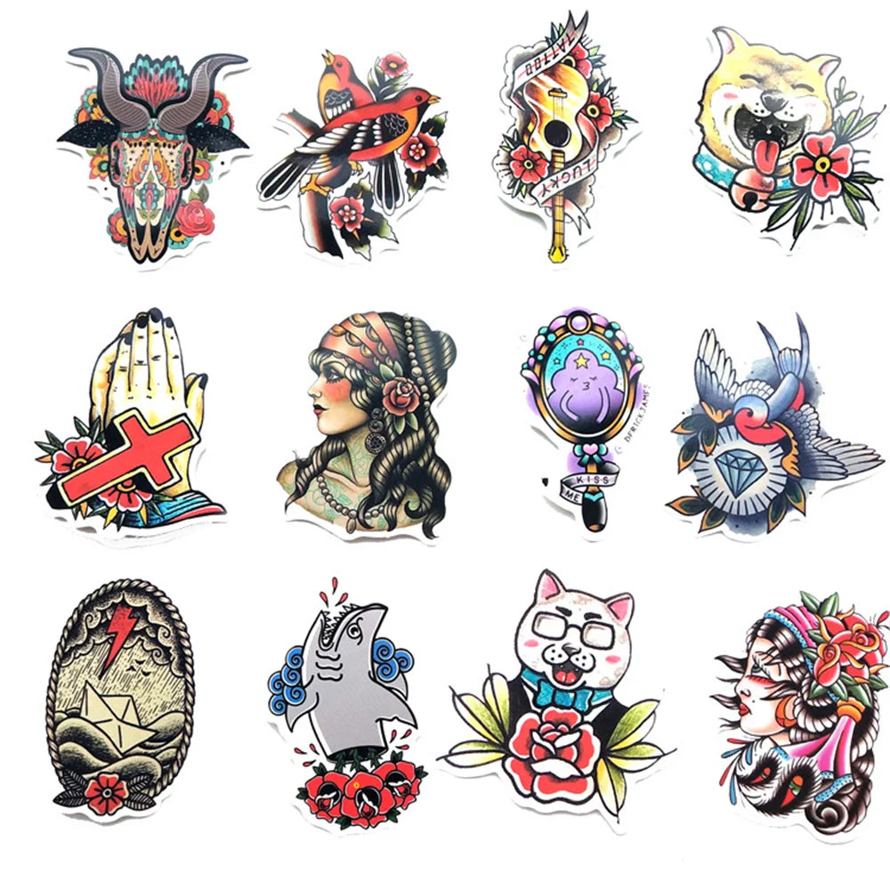 50PCS Retro Tattoo Style Graffiti Suitcase Waterproof Stickers Color Craft Guitar Computer Car Stickers