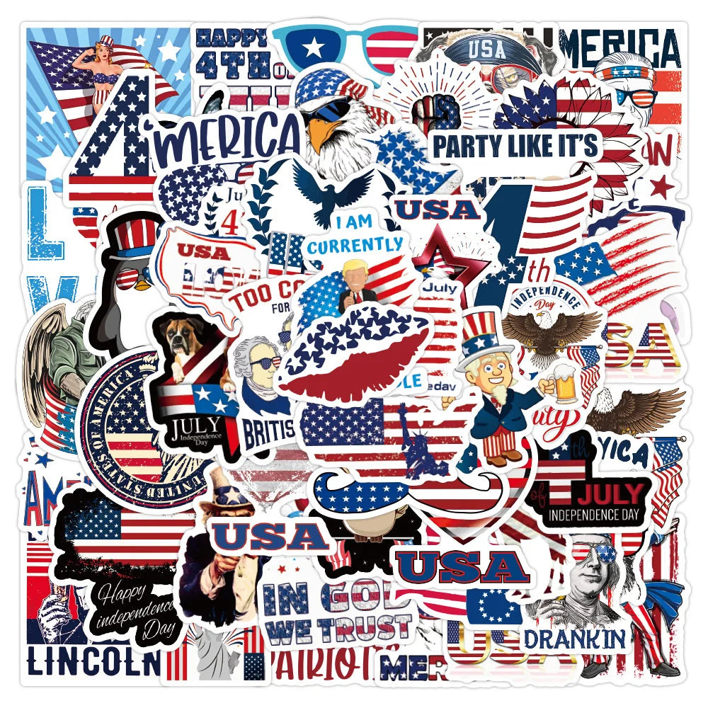 50PCS American Independence Day Graffiti Sticker Waterproof Luggage Laptop Scooter Water Cup Sticker