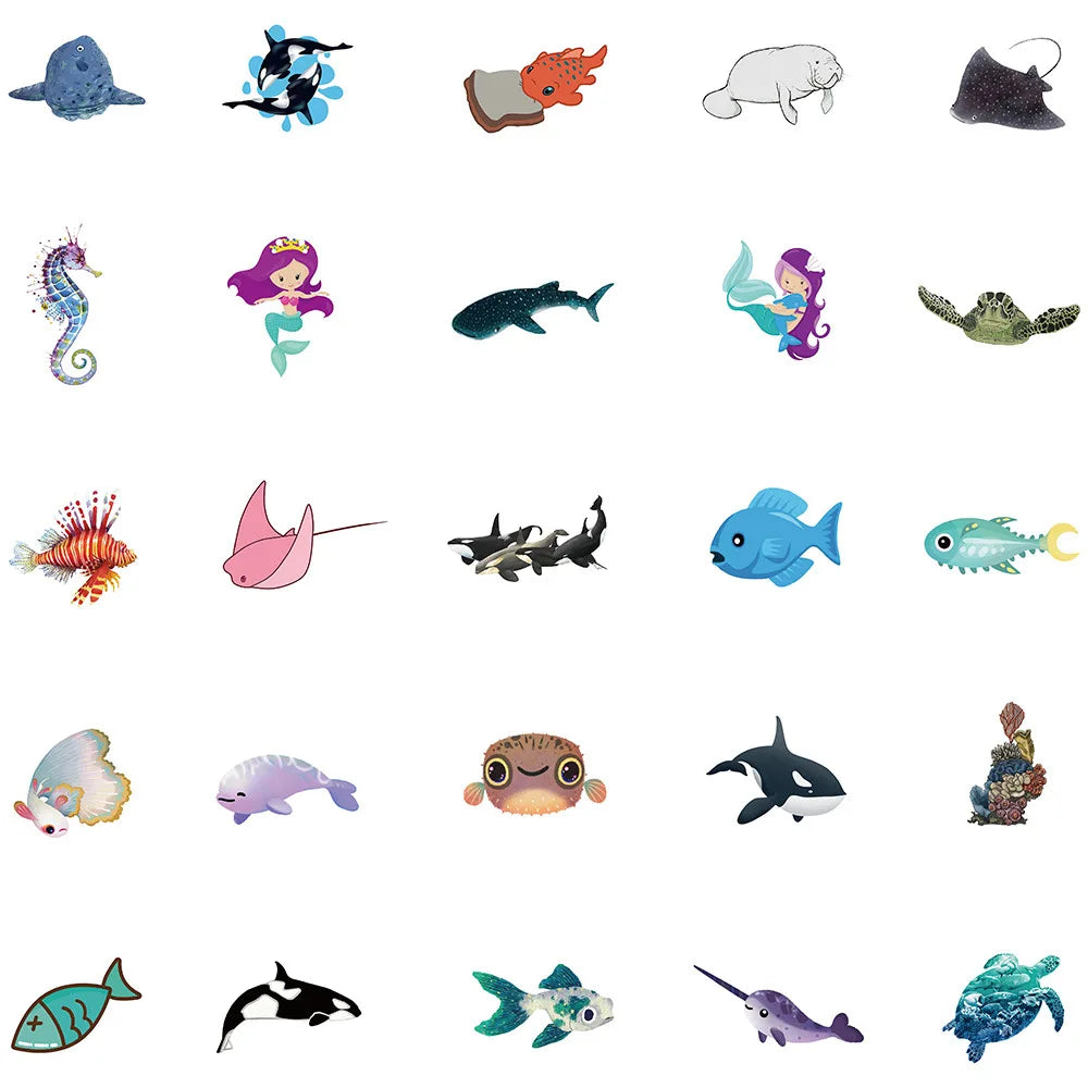 50PCS Art Illustration Popular Creative Cartoon Cute Sea Creatures Series Decorative Style Graffiti Stickers Personalised Fashion Creative DIY Exquisite Decorative Decals Suitable For Cups, Helmets, Skateboards Popular Stickers Toys
