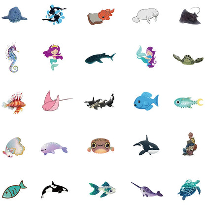 50PCS Art Illustration Popular Creative Cartoon Cute Sea Creatures Series Decorative Style Graffiti Stickers Personalised Fashion Creative DIY Exquisite Decorative Decals Suitable For Cups, Helmets, Skateboards Popular Stickers Toys