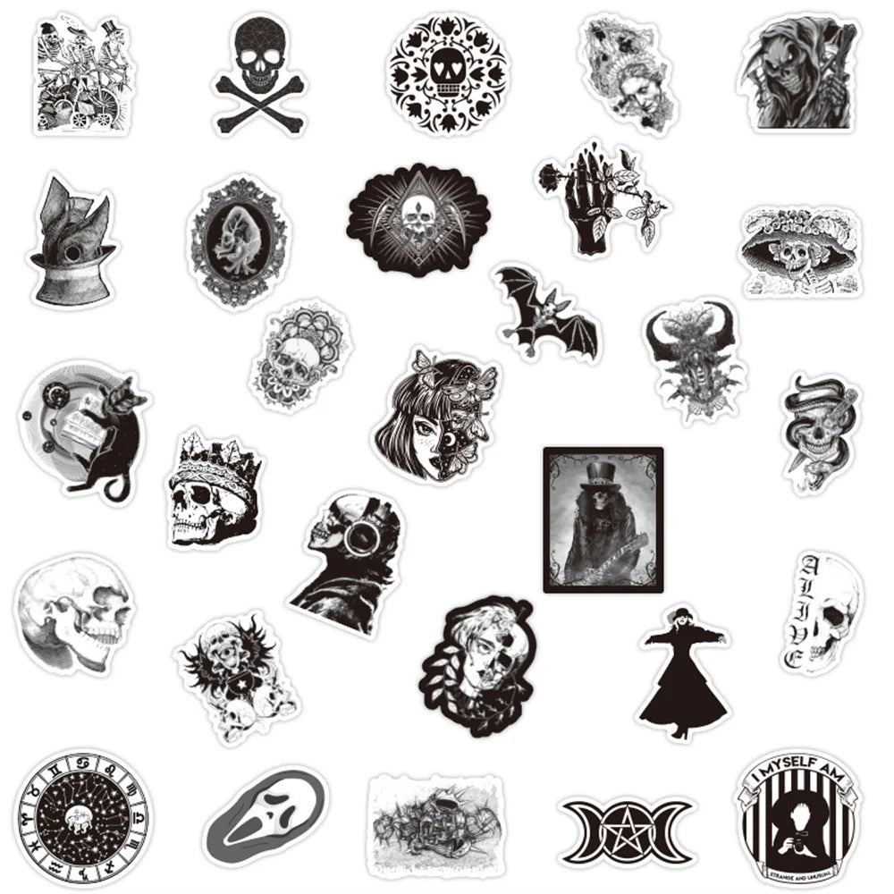 50PCS Black and White European and American Style Gothic Graffiti Sticker WaterproofTrolleyCaseNotebookSkateboard