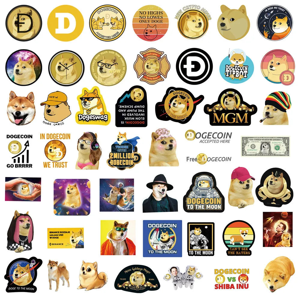 50PCS New Dogecoin Graffiti Sticker Luggage Car Computer Water Cup Guitar PVC Sticker