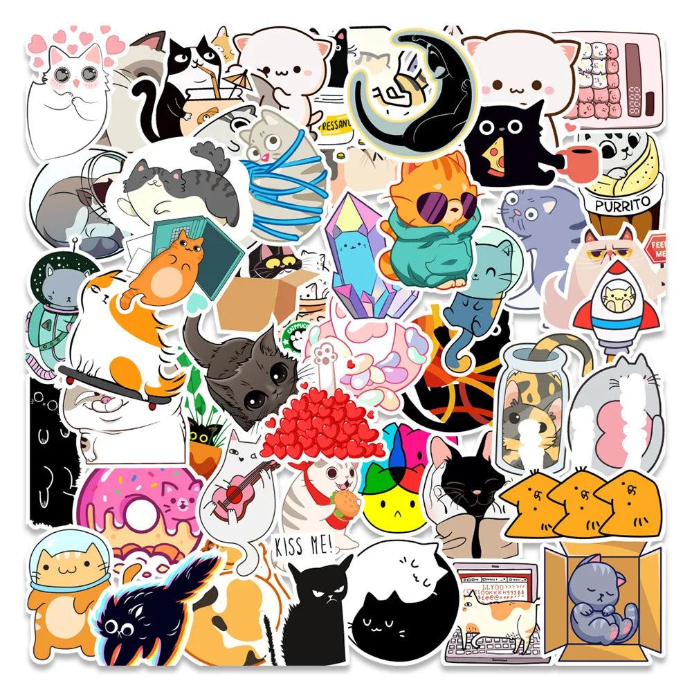 50PCS New Kitten Cute Little Fresh Cartoon Graffiti Waterproof Sticker Suitcase Notebook Refrigerator Skateboard