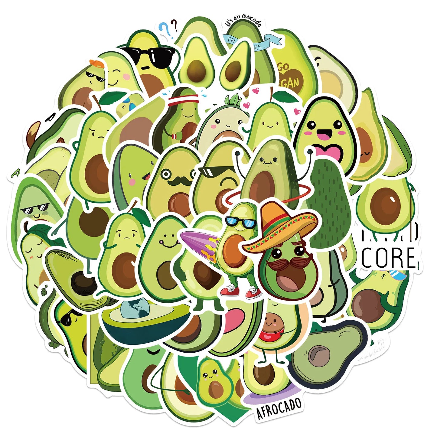 50 pieces of creative and fresh cartoon avocado graffiti stickers, suitable for DIY handbag, notebook, phone case decoration sticker toys