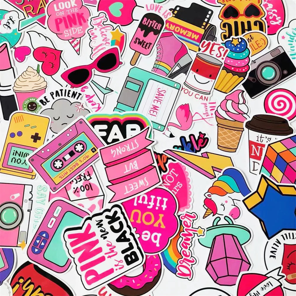 60PCS Pink Cartoon Girl Heart Notebook Trolley Case Bike Scooter Waterproof Graffiti Gift Toy Sticker