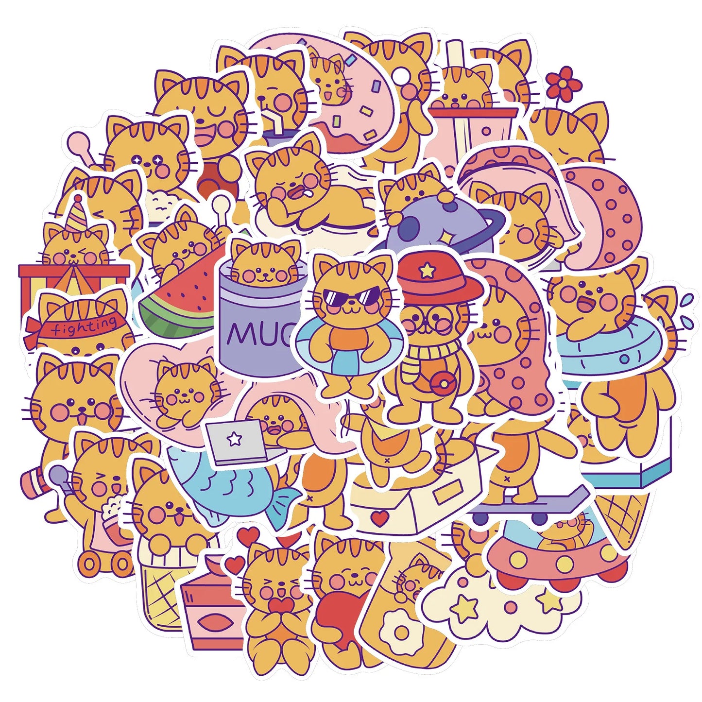 50PCS of cute cartoon cat series decorative style graffiti stickers, personalized, fashionable and creative DIY exquisite decorative decal cups, helmets, skateboard popular sticker toys