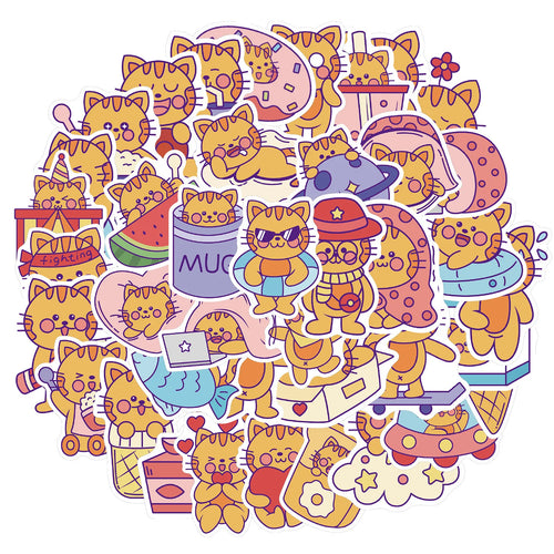 50PCS of cute cartoon cat series decorative style graffiti stickers, personalized, fashionable and creative DIY exquisite decorative decal cups, helmets, skateboard popular sticker toys