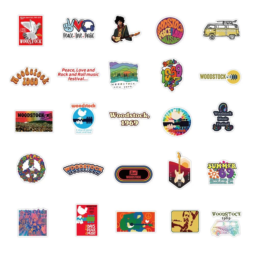 50PCS Woodstock Music Festival Graffiti Sticker Waterproof Helmet Guitar Motorcycle Body Sticker