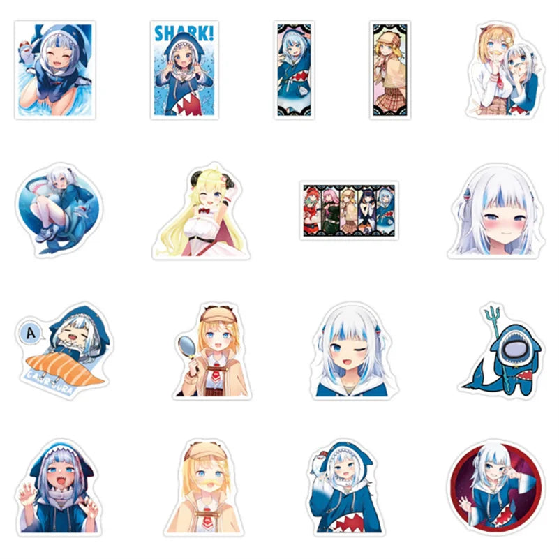 50 Pieces Hololive Vtuber Shark Cartoon Cute Mobile Suitcase Skateboard Guitar Graffiti Sticker Decorative Toy
