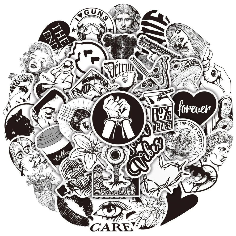 50PCS Black and White Personalized Art Plaster Head Mixed with Graffiti Sticker TV Water Cup Trolley Case Guitar