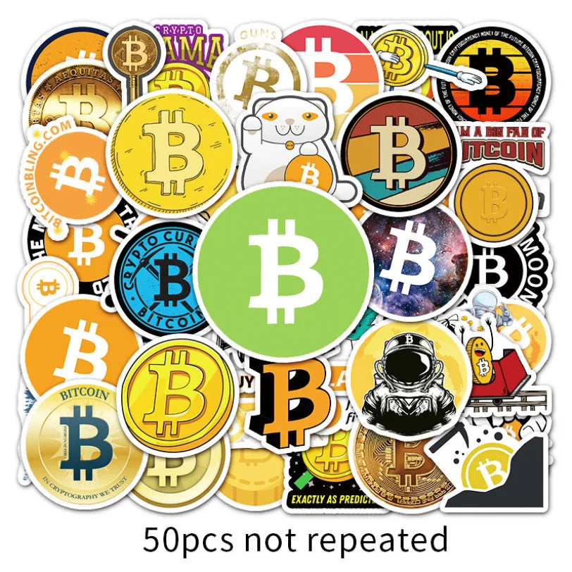 50 pieces of cute cartoon Bitcoin decorative style graffiti stickers, personalized, fashionable and creative DIY exquisite decorative decal cups, helmets, skateboard popular sticker toys
