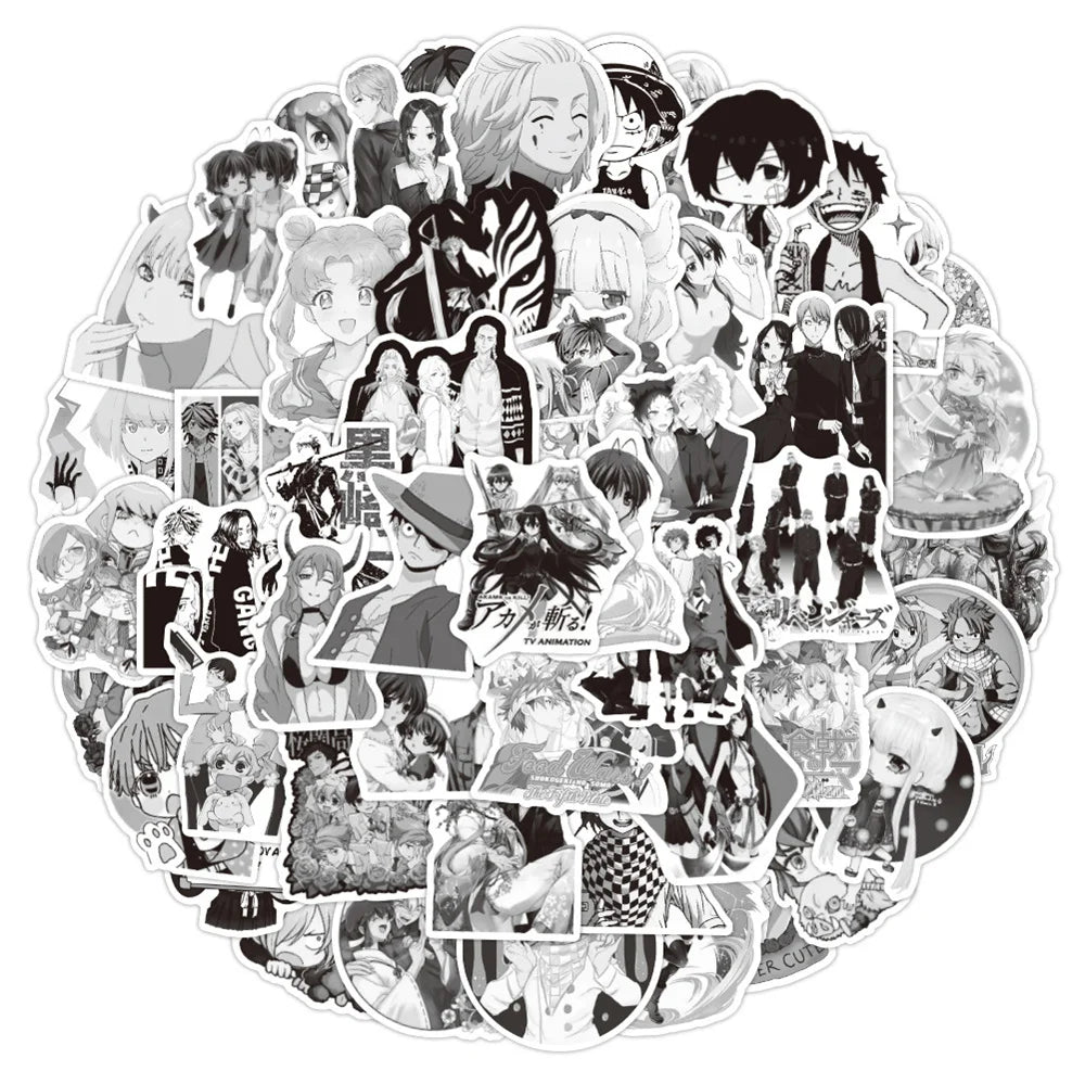 50PCS New Mixed Black and White Anime Graffiti Stickers Waterproof Notebook Scooter Water Cup Luggage Stickers