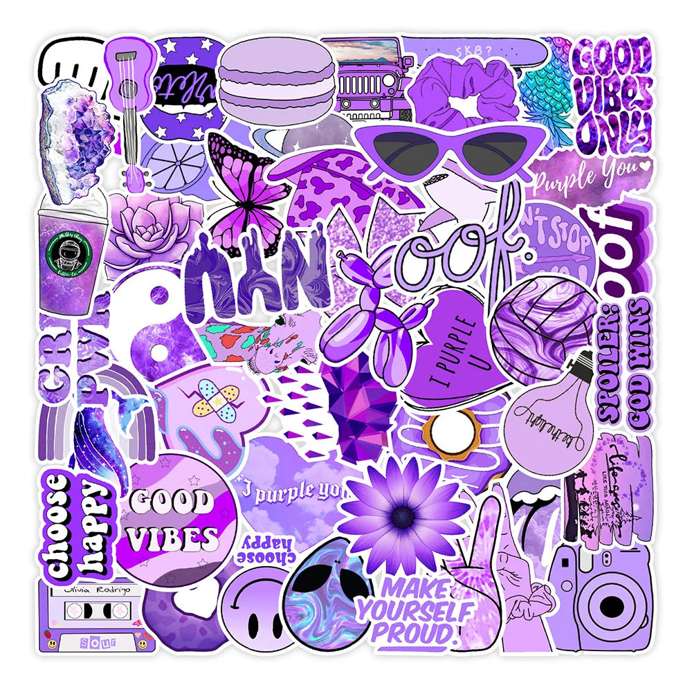 50PCS Simple New INS Style Purple Small Fresh Graffiti Stickers Creative Trend Personalized Decorative Stickers Luggage Guitar Refrigerator Computer Fashion Cute Decals