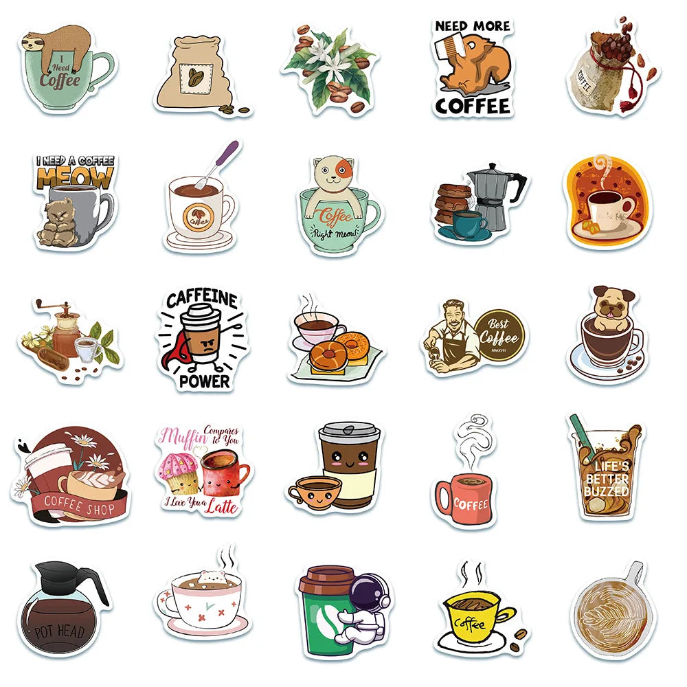50PCS cartoon animation animal coffee art decorative style graffiti stickers, personalized fashion and creative trend DIY exquisite decorative decal cups, helmets, skateboard popular sticker toys