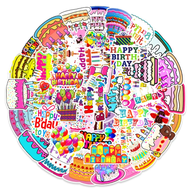 50 Cartoon Happy Birthday Graffiti Decorative Scooter, Luggage, Laptop Waterproof Sticker Toys