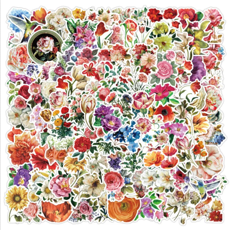 50 pieces of plant graffiti stickers with blooming flowers, DIY creative motorcycle, computer, skateboard and helmet decoration stickers