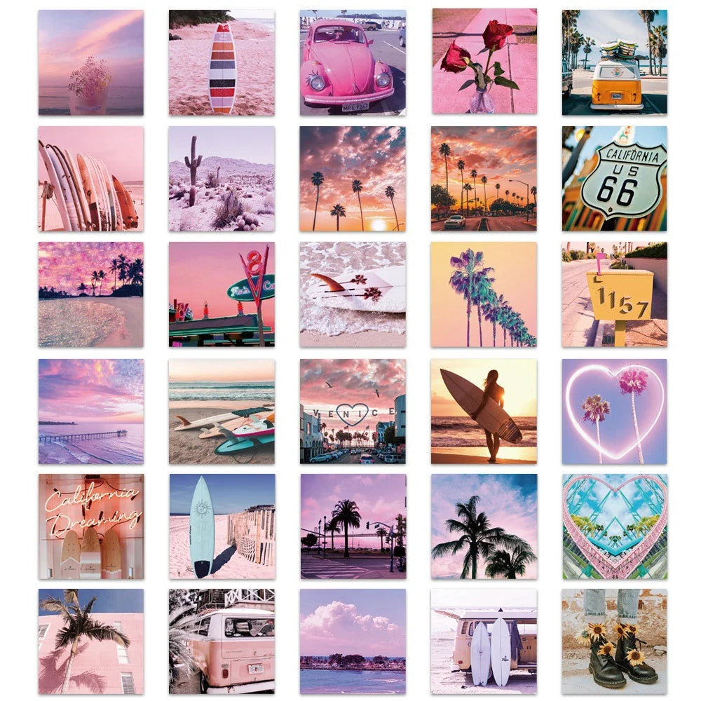 50PCS New California Sunshine Pink Series Healing Landscape Graffiti Decoration Luggage Guitar Waterproof Sticker
