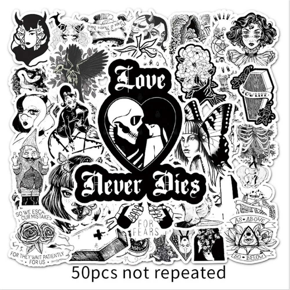 50PCS cartoon animation black and white Gothic style skull decorative style graffiti stickers, personalized, fashionable and creative trend DIY exquisite decorative decal cups, helmets, skateboard popular sticker toys