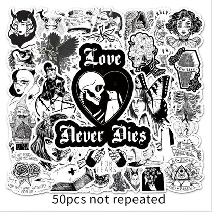 50PCS cartoon animation black and white Gothic style skull decorative style graffiti stickers, personalized, fashionable and creative trend DIY exquisite decorative decal cups, helmets, skateboard popular sticker toys