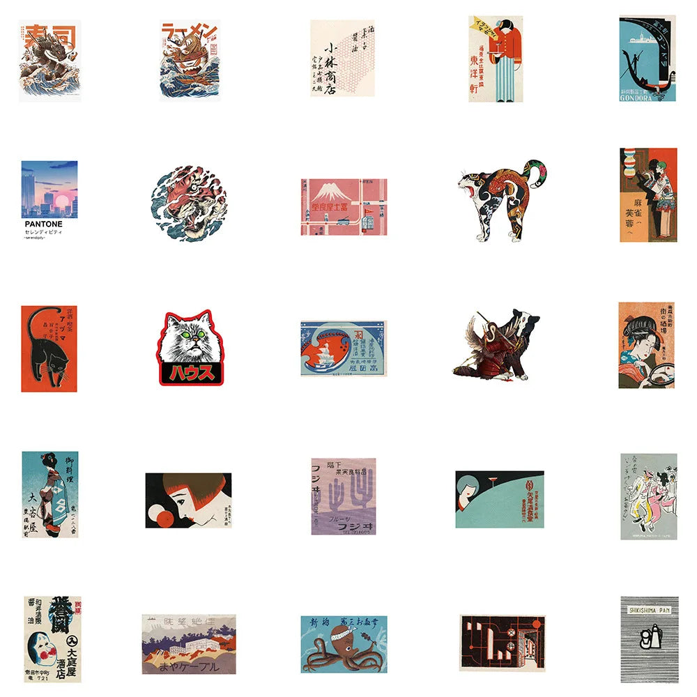 50PCS Art Illustration Popular Creative Cartoon Japanese Style Retro Card Decorative Style Graffiti Stickers Personality Fashion Creative Trend DIY Exquisite Decorative Decals for Cups, Helmets, Skateboards Popular Stickers Toys