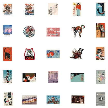 50PCS Art Illustration Popular Creative Cartoon Japanese Style Retro Card Decorative Style Graffiti Stickers Personality Fashion Creative Trend DIY Exquisite Decorative Decals for Cups, Helmets, Skateboards Popular Stickers Toys
