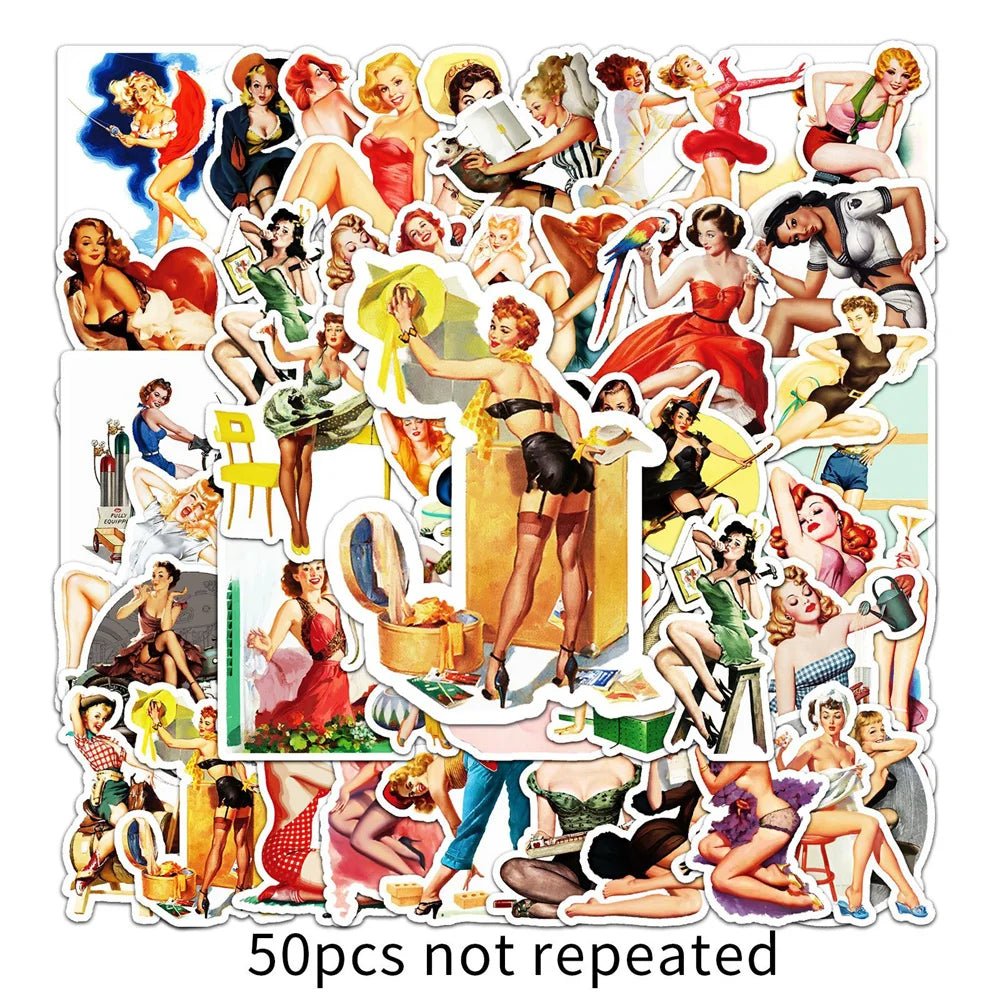 50PCS Cartoon Retro Girl Suitcase Beautiful Graffiti Suitcase Stationery Laptop Skateboard Waterproof  Sticker