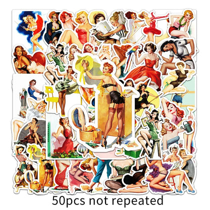 50PCS Cartoon Retro Girl Suitcase Beautiful Graffiti Suitcase Stationery Laptop Skateboard Waterproof  Sticker
