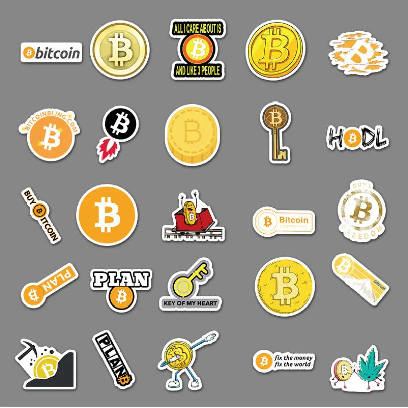 50 pieces of cute cartoon Bitcoin decorative style graffiti stickers, personalized, fashionable and creative DIY exquisite decorative decal cups, helmets, skateboard popular sticker toys