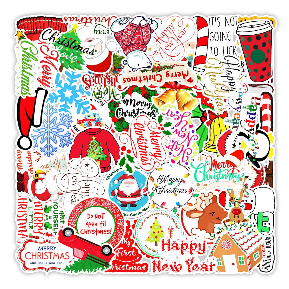 50PCS Art Illustration Popular Creative Cute Cartoon Christmas Day Christmas Slogan Decorative Style Graffiti Stickers Personality Fashion Creative Trend DIY Exquisite Decorative Decals for Cups, Helmets, Skateboards Popular Stickers Toys