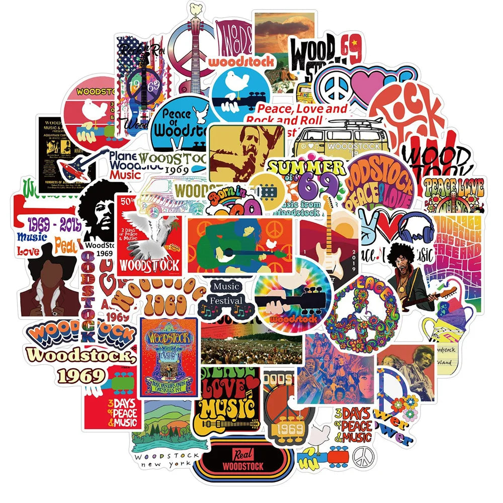 50PCS Woodstock Music Festival Graffiti Sticker Waterproof Helmet Guitar Motorcycle Body Sticker