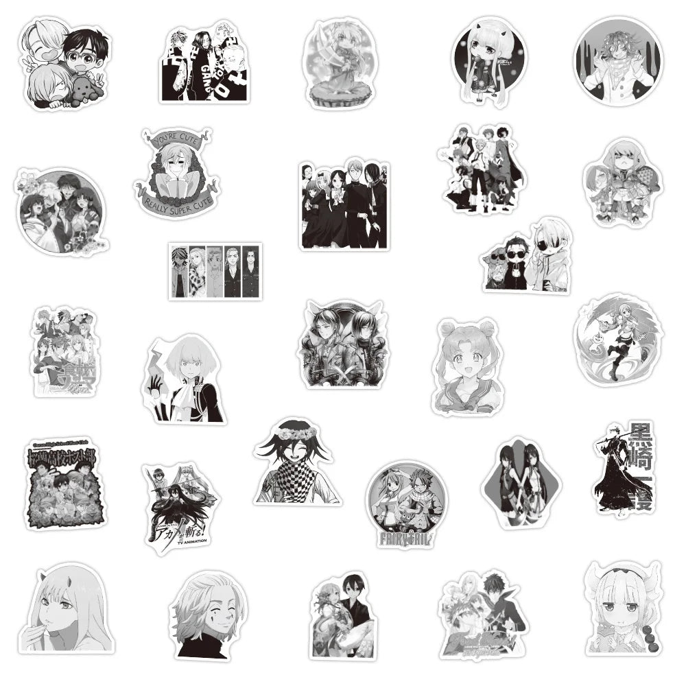 50PCS New Mixed Black and White Anime Graffiti Stickers Waterproof Notebook Scooter Water Cup Luggage Stickers