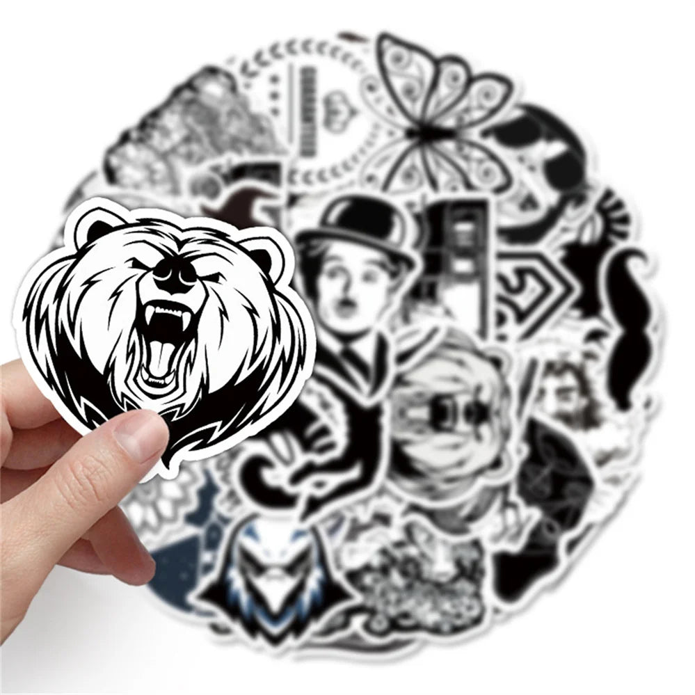 50 pieces of cartoon black and white character graffiti stickers, personalized DIY diary, suitcase, car, skateboard, phone case decoration, waterproof sticker toys