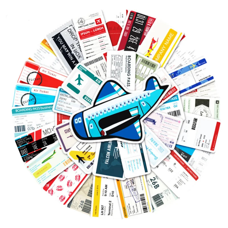 52PCS Boarding Pass Ticket Sticker Luggage Scooter Car Cartoon Graffiti Locomotive Decoration Toy
