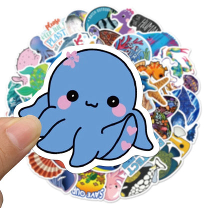 50PCS Marine Life Octopus Dolphin Whale Graffiti Stickers Personalized Luggage Refrigerator Water Cup Stickers